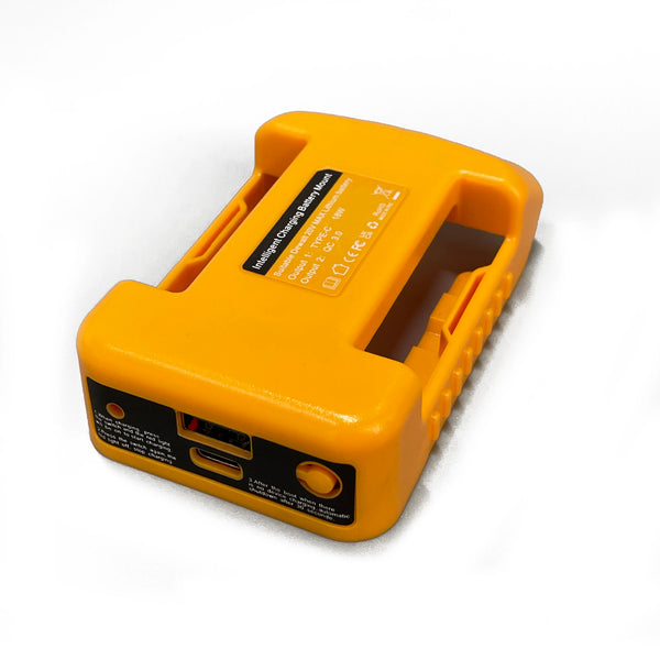 Yellow power bank adapter for DeWalt batteries with USB and Type-C output ports