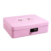 A pink lockable cash box with a metal handle and coin tray.
