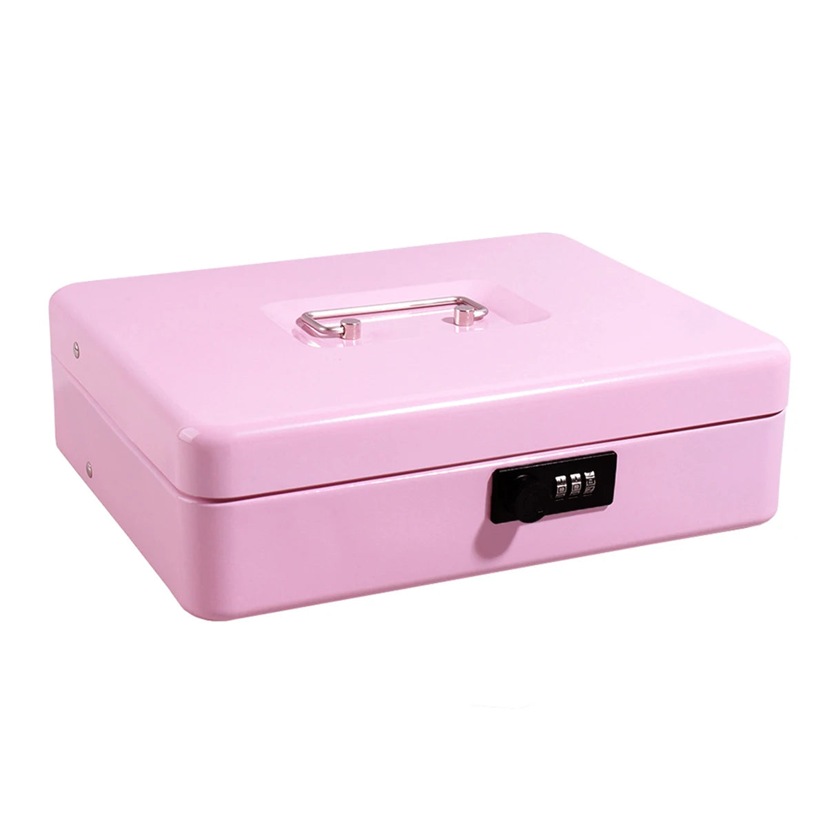 A pink lockable cash box with a metal handle and coin tray.