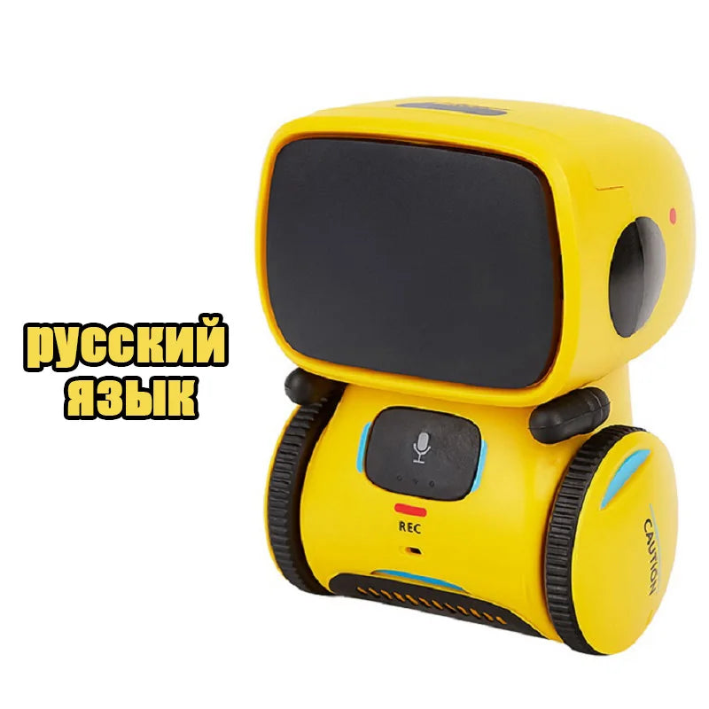 A yellow interactive voice-controlled robot toy with a black screen and buttons, labeled for Russian language support.