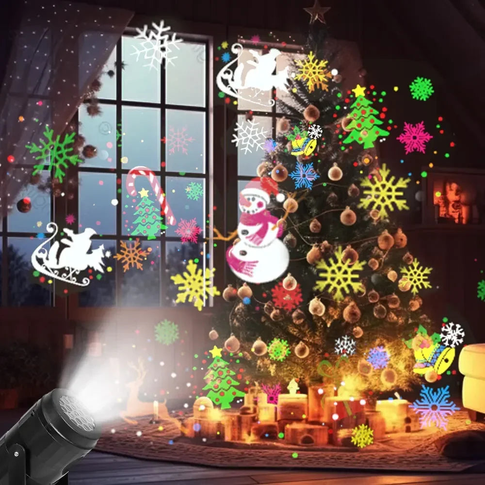 A rotating Christmas projector light illuminates a decorated tree with festive patterns and snowflakes.