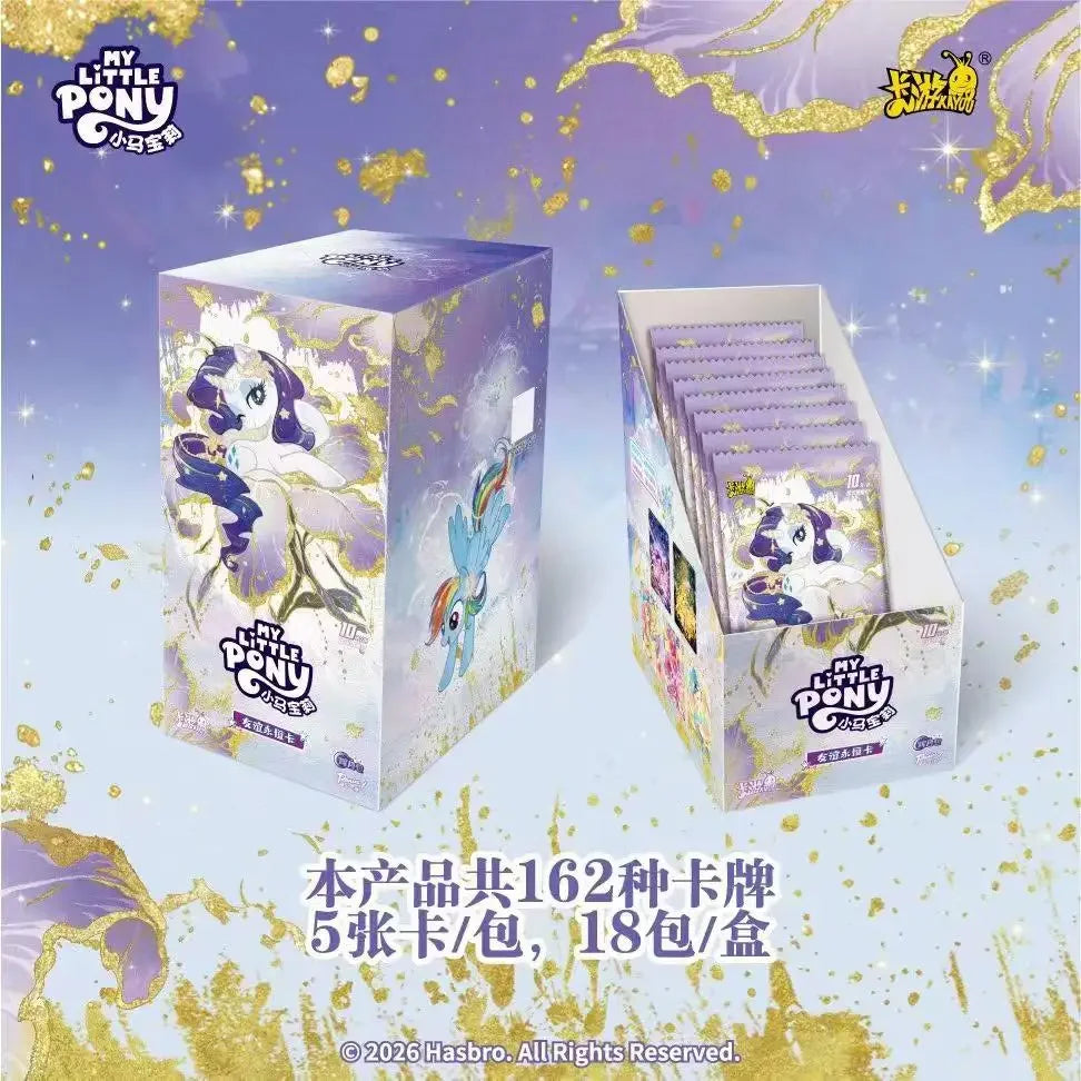 A box of My Little Pony Friendship Eternal Radiant Moon Gilded Card Pack featuring colorful cards and artwork.