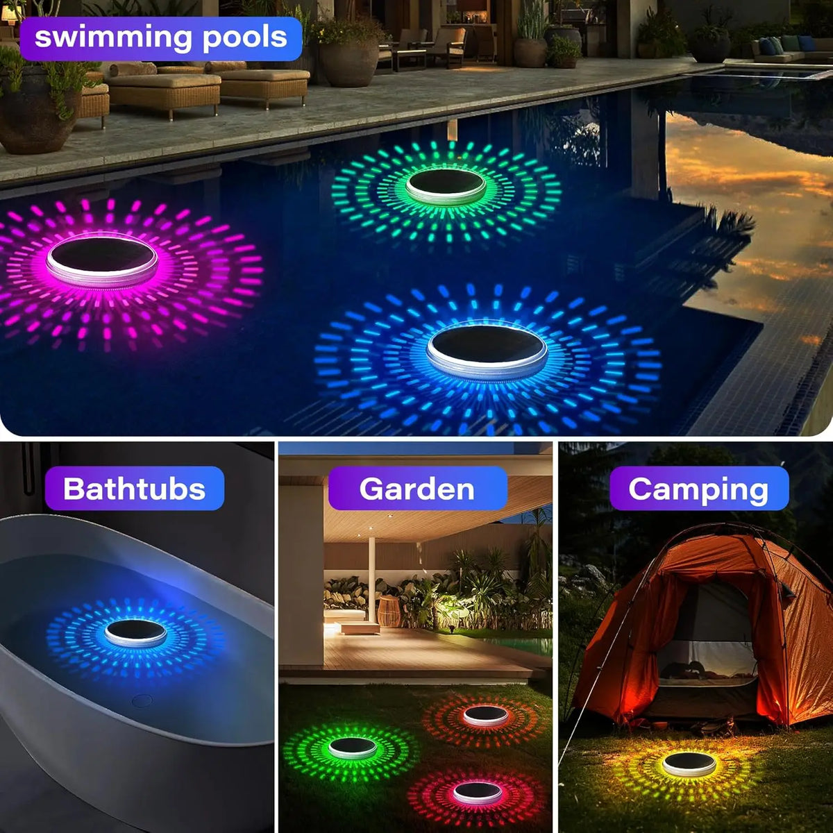 Various swimming pools and bathtubs illuminated by colorful solar floating lights in garden and camping settings