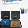 A stainless steel dual-compartment trash and recycling bin with separate lids for convenient waste sorting.