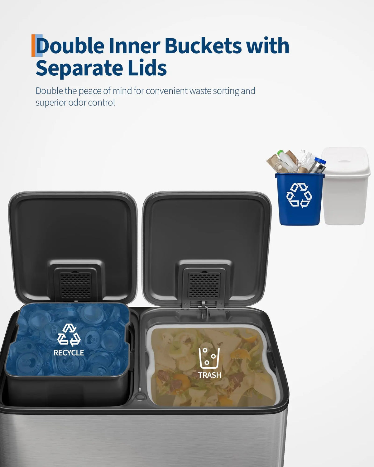 A stainless steel dual-compartment trash and recycling bin with separate lids for convenient waste sorting.