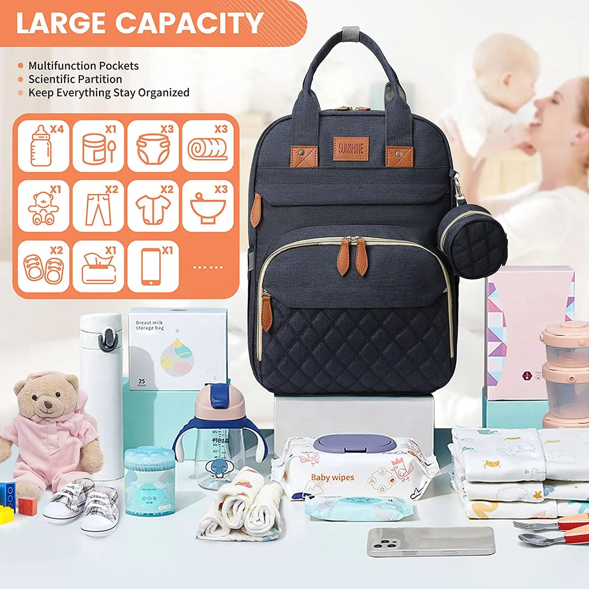 3-in-1 Diaper Bag Backpack with Foldable Changing Mat