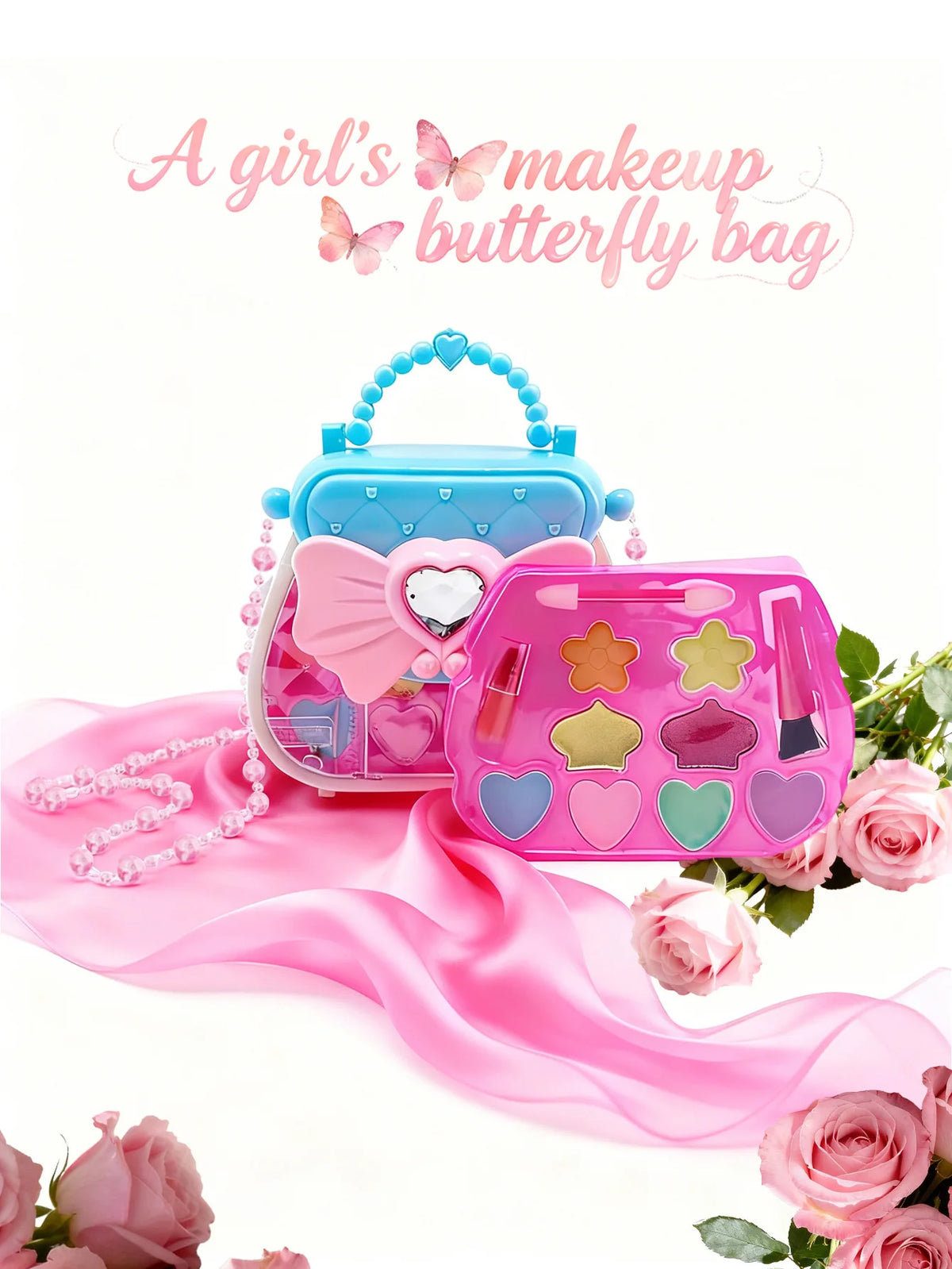A pink butterfly bag makeup set with various cosmetic items and a pink satin fabric.