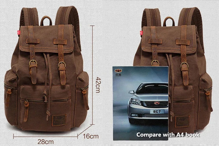 Vintage Canvas Backpack with Leather Accents – Large Capacity Travel & Laptop Bag
