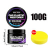A black jar of Car Plastic Restorer 100g with a yellow applicator sponge.