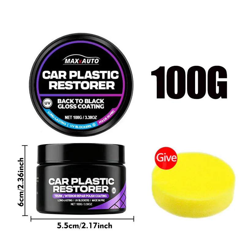 A black jar of Car Plastic Restorer 100g with a yellow applicator sponge.