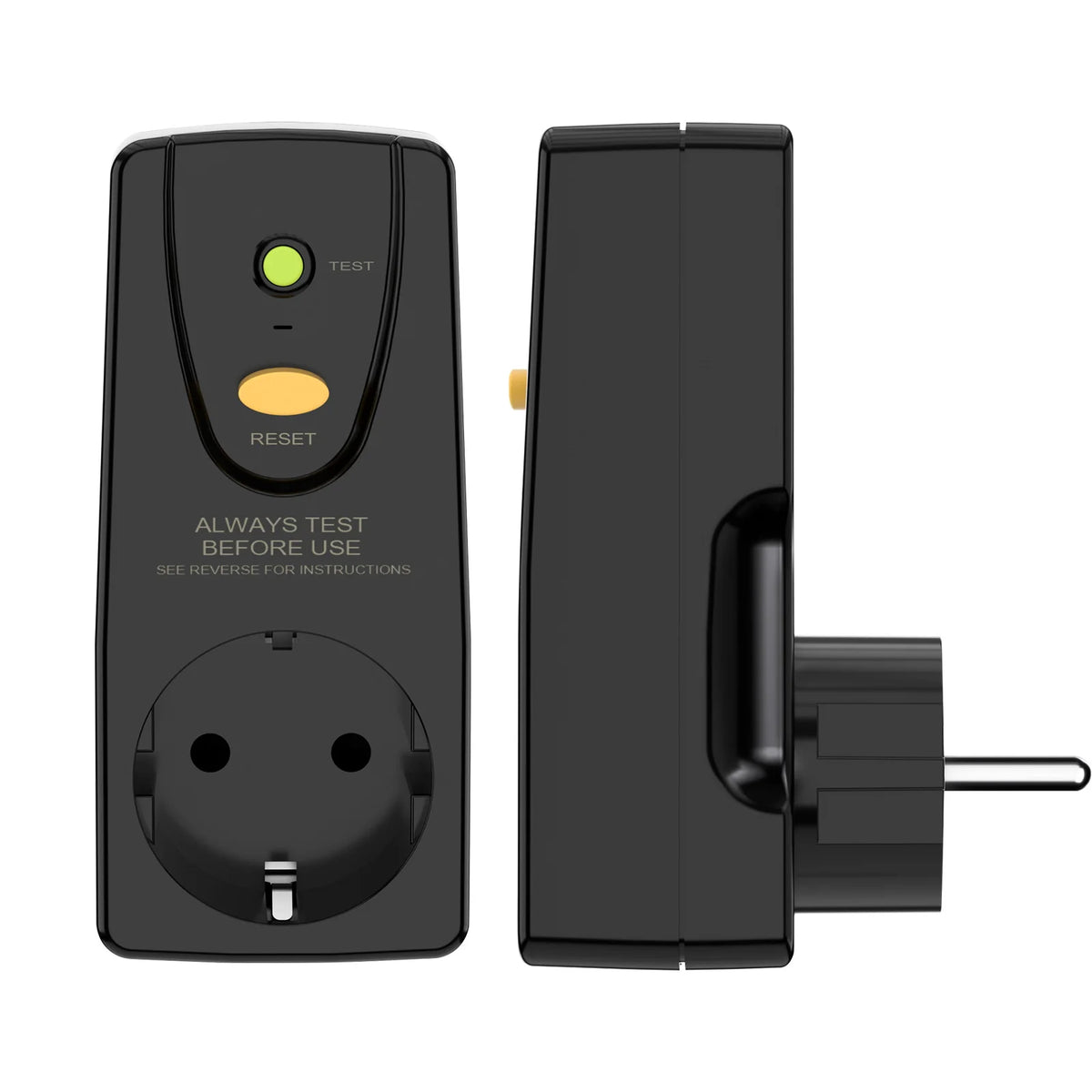 Prise de protection RCD EU 16A noire avec boutons de test et de réinitialisation