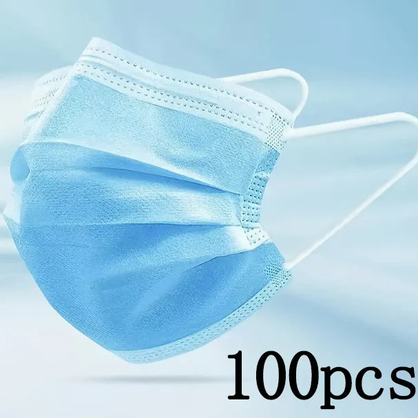 Light blue disposable face masks in a pack of 100