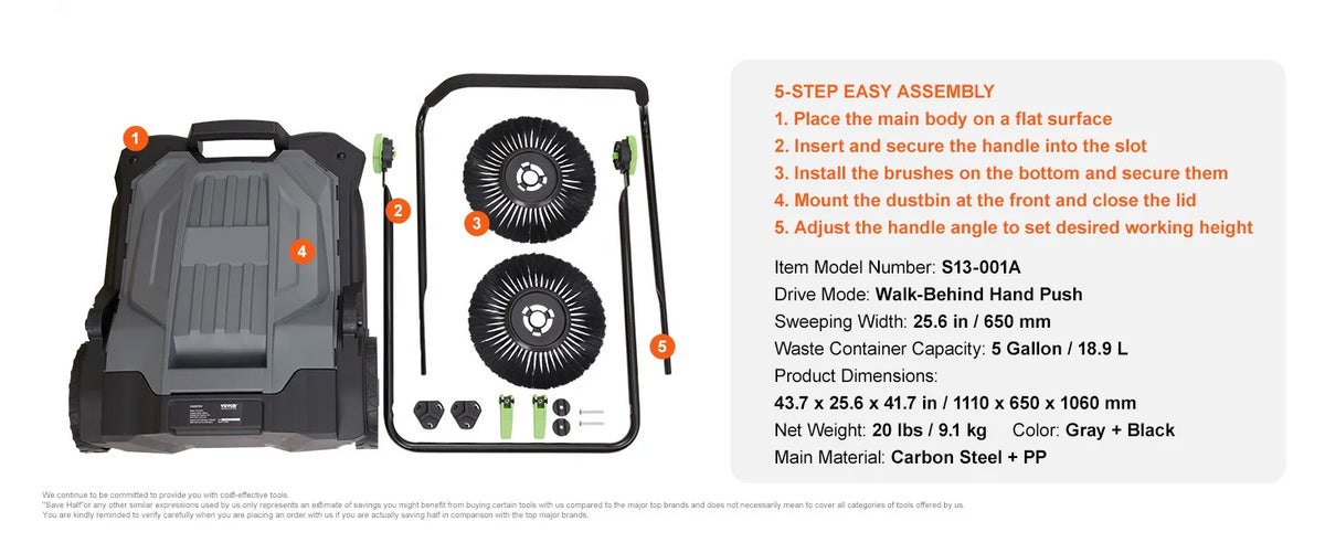 A black walk-behind push floor sweeper with a handle and two rotating brushes shown next to its disassembled components.