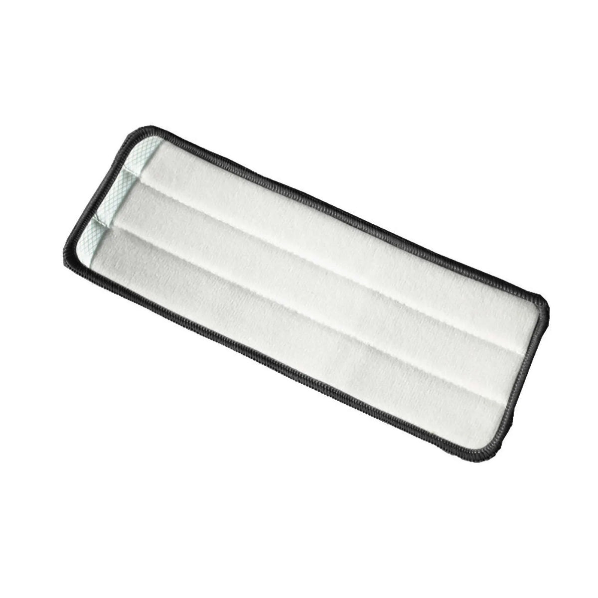 A rectangular white microfiber mop pad replacement head with black trim.