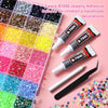 A variety of B7000 jewelry adhesive flatbacks in mixed colors are displayed alongside application tools and loose rhinestones