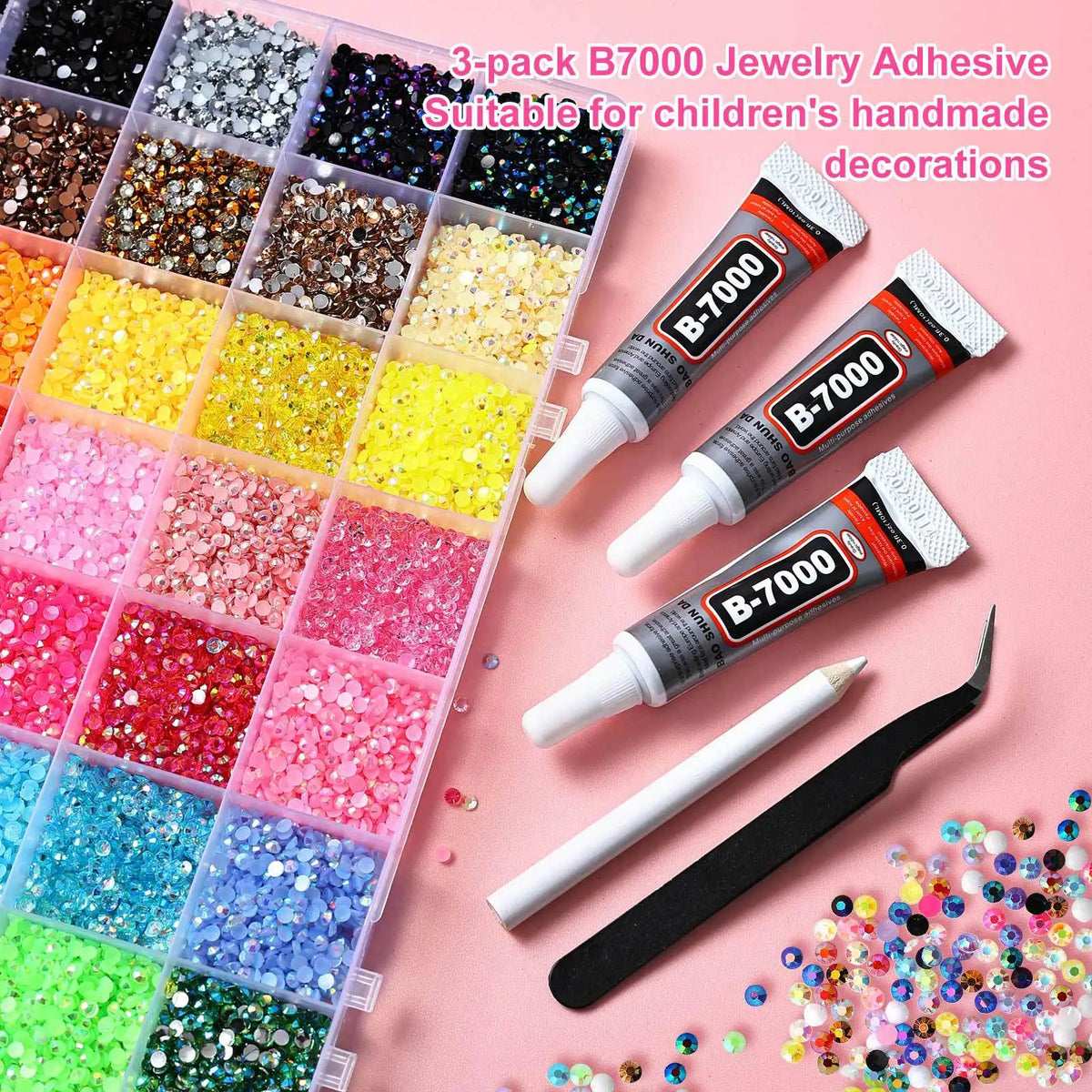 A variety of B7000 jewelry adhesive flatbacks in mixed colors are displayed alongside application tools and loose rhinestones
