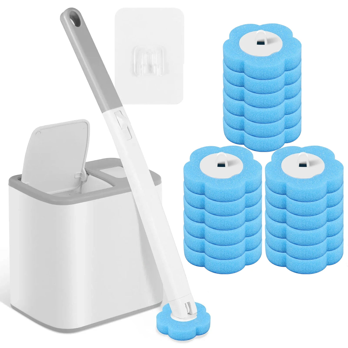 A disposable toilet brush set featuring a long handle, wall-mount holder, and blue foam brushes.