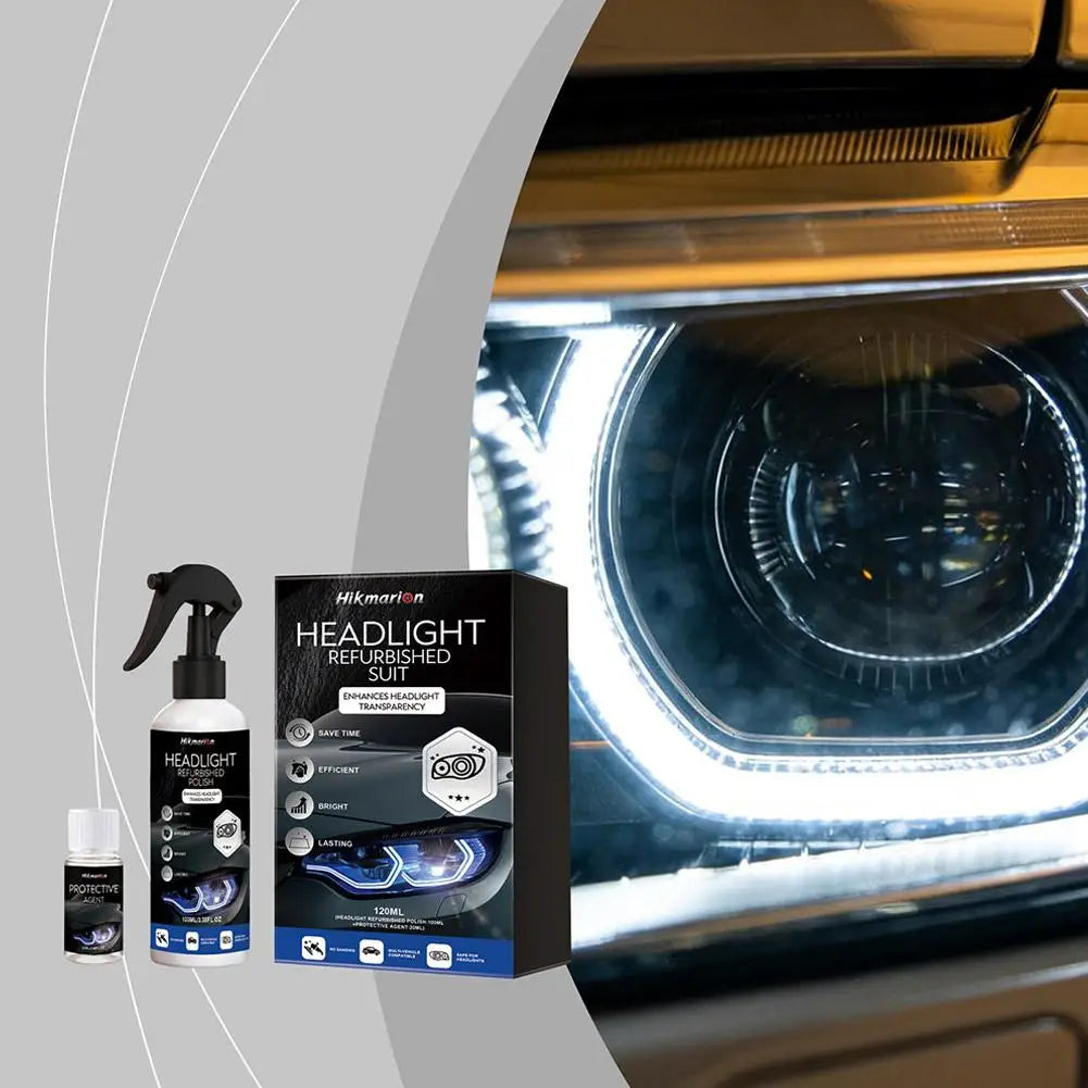 A bottle of Headlight Refurbished Suit and a box for the Headlight Restoration Kit with Long-Lasting UV Protection