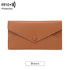 A brown slim RFID-blocking PU leather wallet with card slots shown from the front.