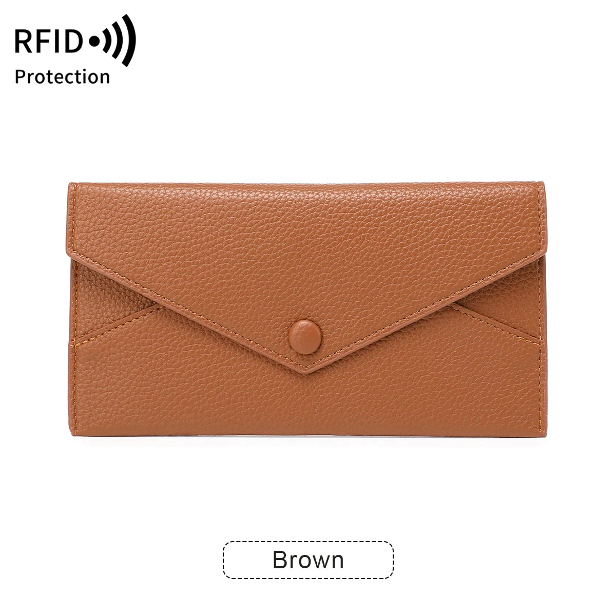 A brown slim RFID-blocking PU leather wallet with card slots shown from the front.