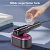 A hand is pouring water into a 110ml large water tank of a portable handheld steam iron.