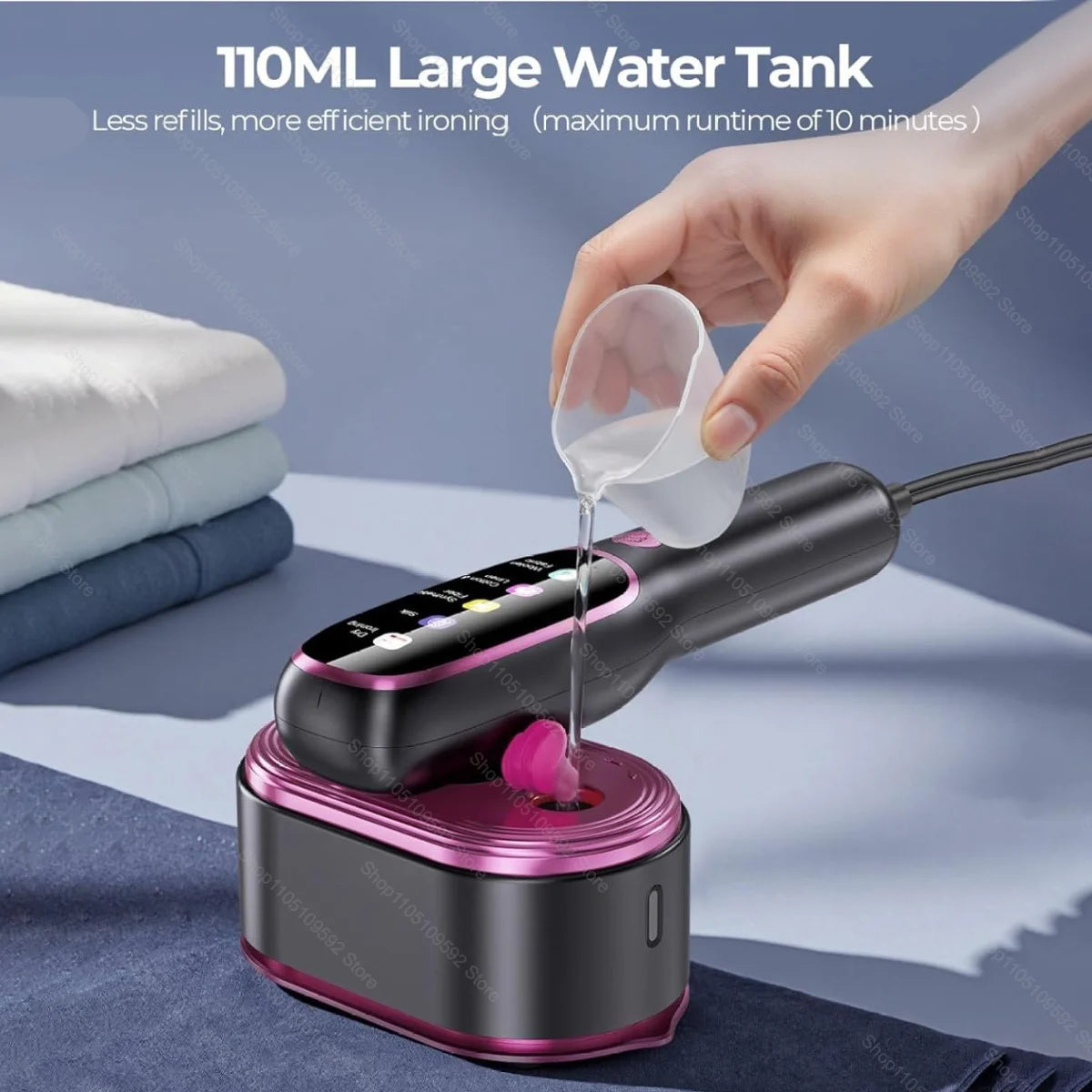 A hand is pouring water into a 110ml large water tank of a portable handheld steam iron.