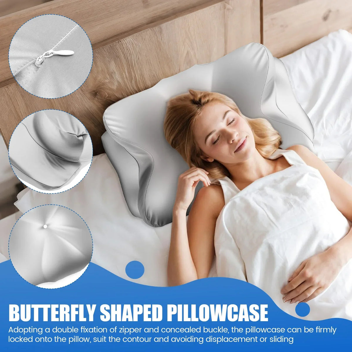 A woman rests her head on a butterfly shaped pillowcase on a white bed, demonstrating the fit of the zippered pillowcase.