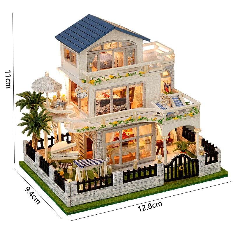 A wooden miniature Japanese sakura tea house kit featuring an upper and lower level with LED lighting and landscaping.