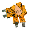 Orange elastic X-back suspenders for men with a light tan leather patch.