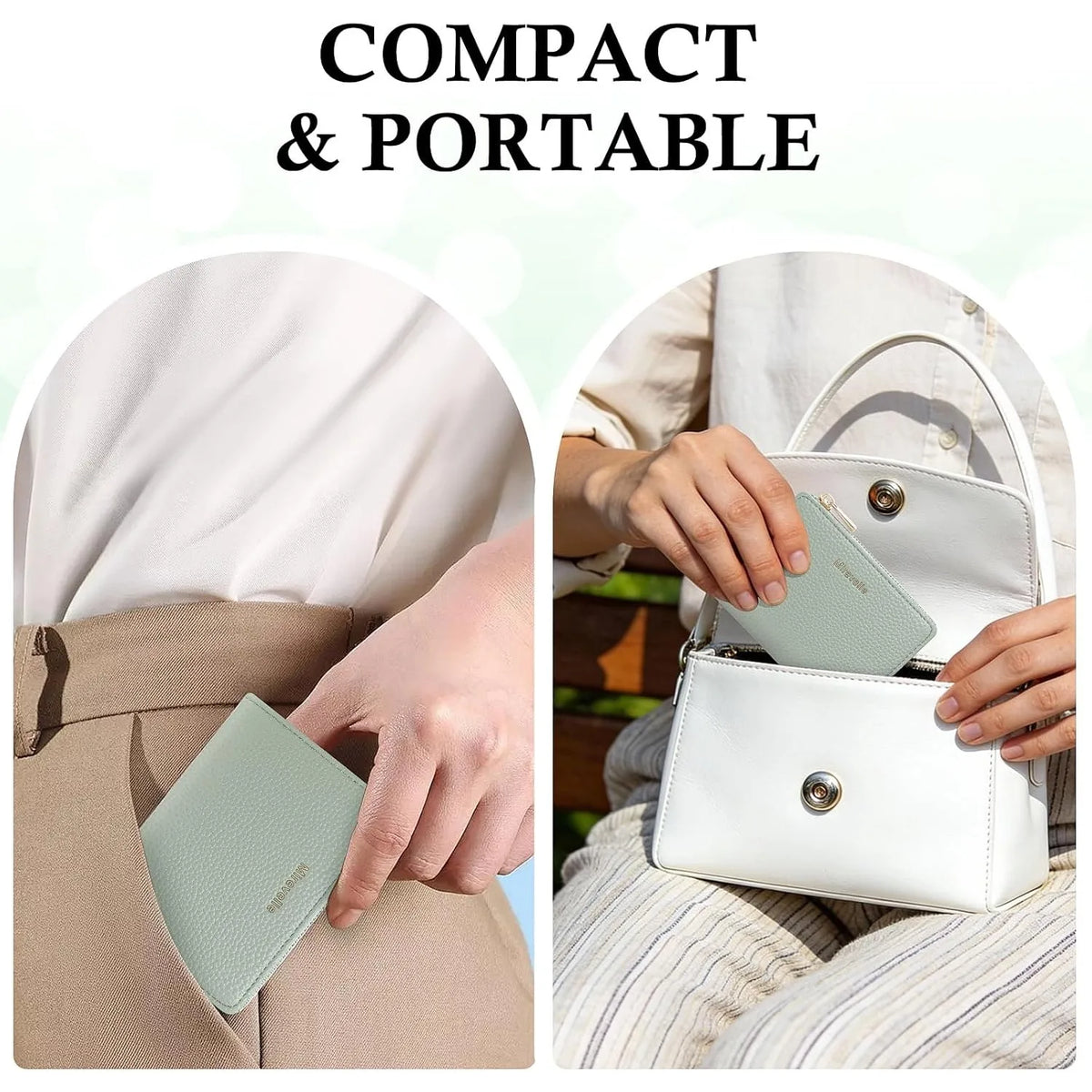 A close-up of a light green slim bi-fold wallet being held by a woman against a beige skirt.