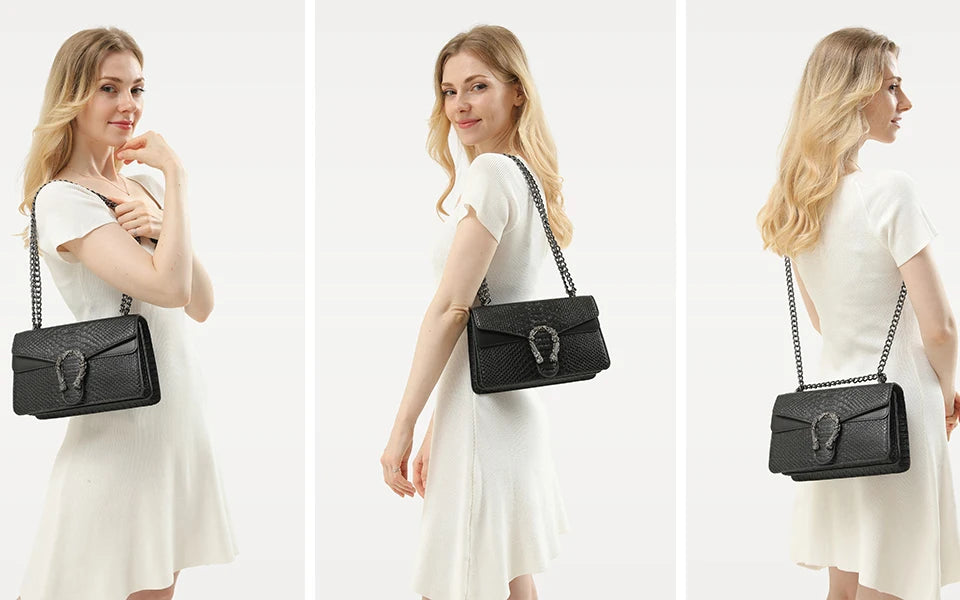 Women's Snake Print PU Leather Crossbody Bag with Chain Strap