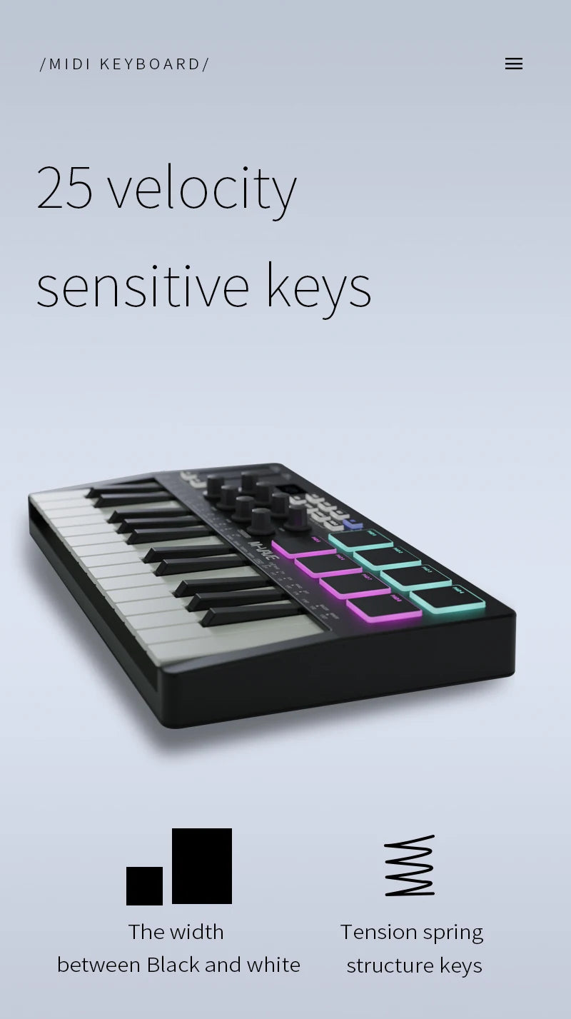 Portable 25-Key MIDI Controller with Pads and Wireless Connectivity