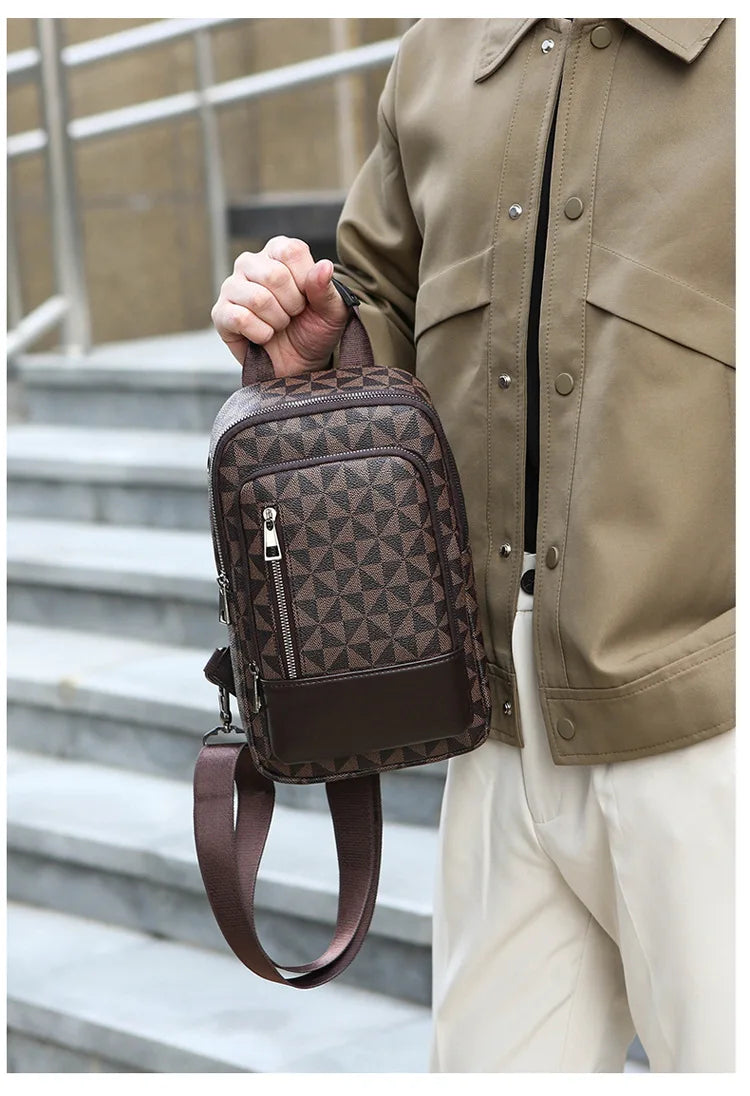 Men's Waterproof PU Leather Crossbody Bag with Geometric Pattern
