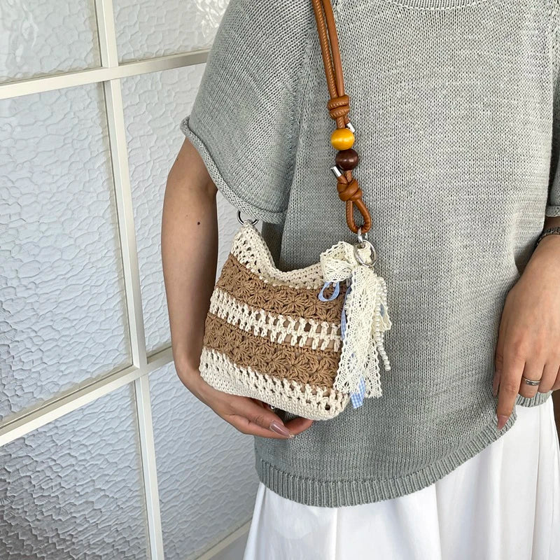 Boho Crochet Straw Shoulder Bag with Ribbon Bow