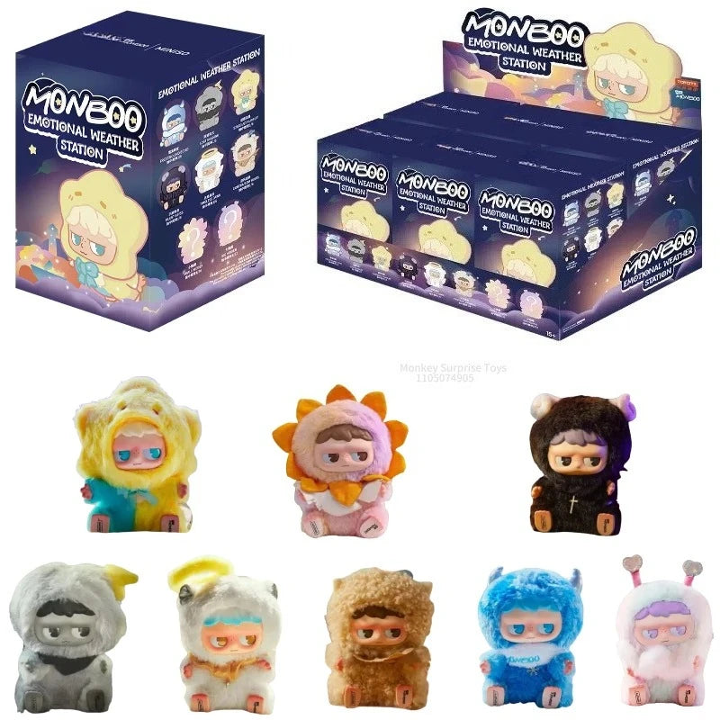 A collection of MONBOO Emotional Weather Station collectible blind box toys featuring various characters.