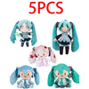 Five soft plush dolls of Hatsune Miku anime figures in various colors and styles