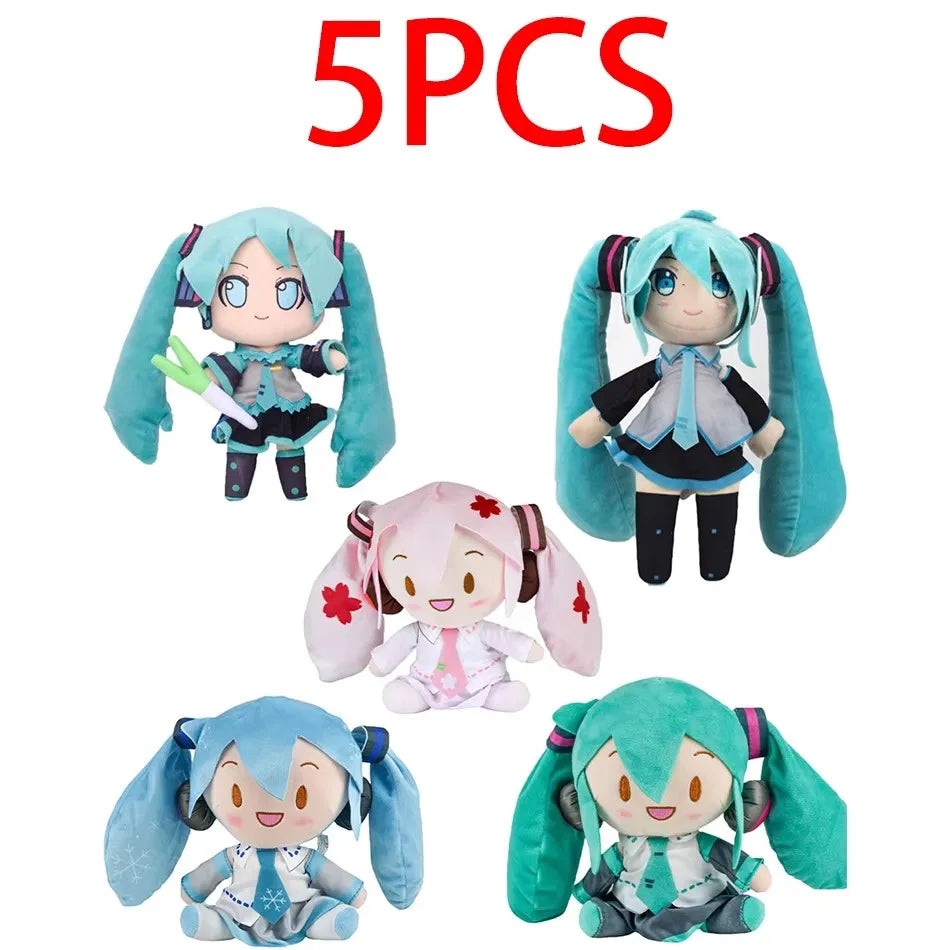 Five soft plush dolls of Hatsune Miku anime figures in various colors and styles
