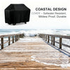 Black waterproof gas grill cover shown next to a wooden pier over the ocean water