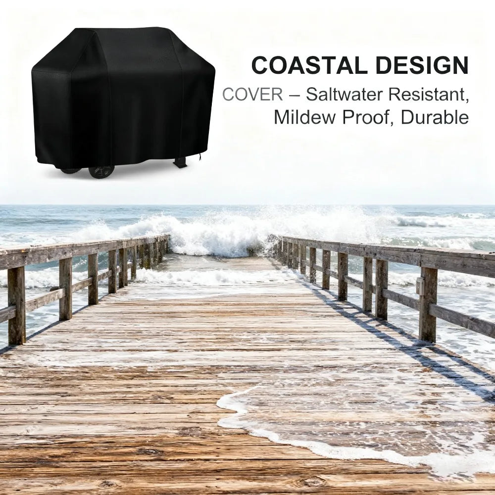 Black waterproof gas grill cover shown next to a wooden pier over the ocean water