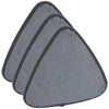 A stack of three gray microfiber triangle cleaning mops with long handles.