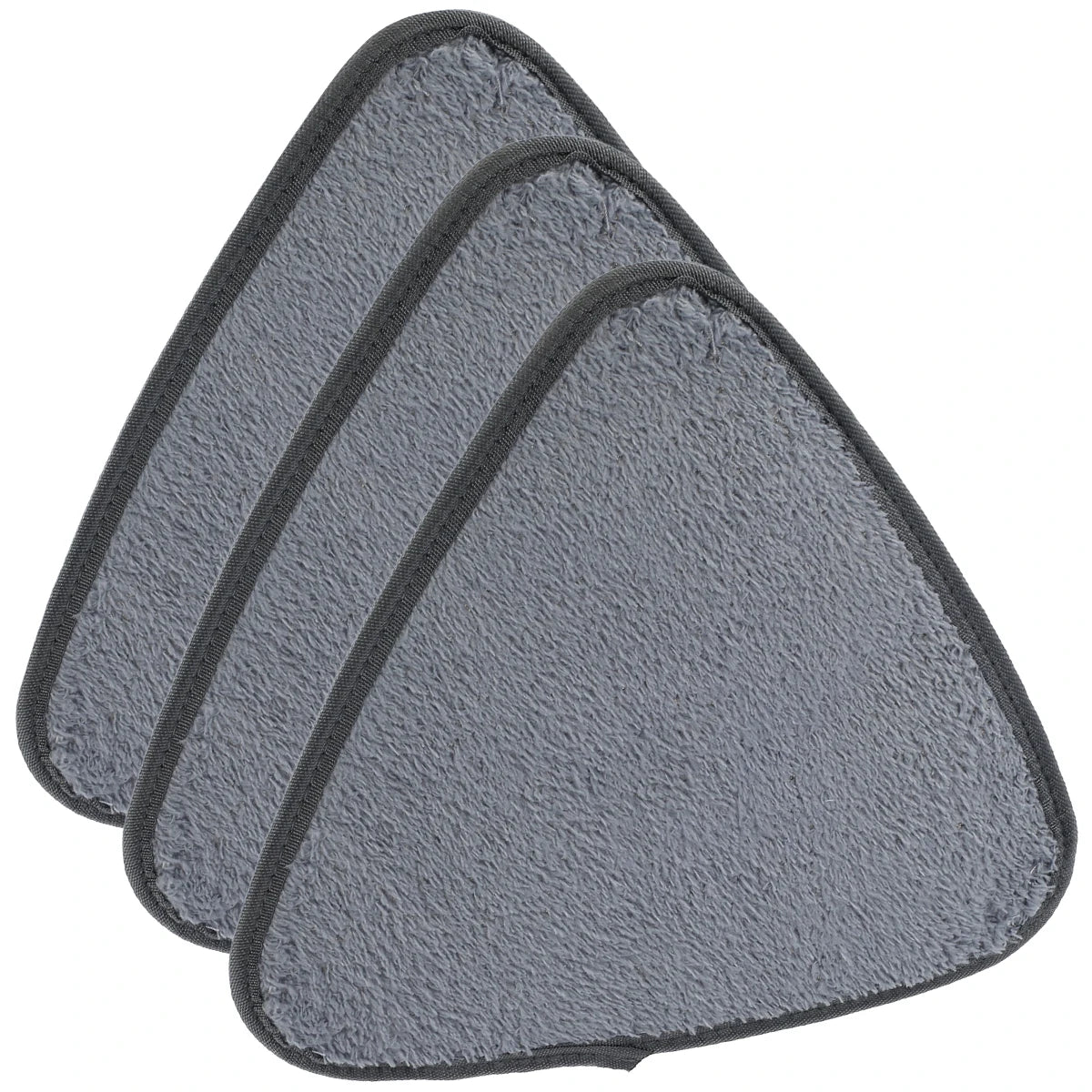 A stack of three gray microfiber triangle cleaning mops with long handles.