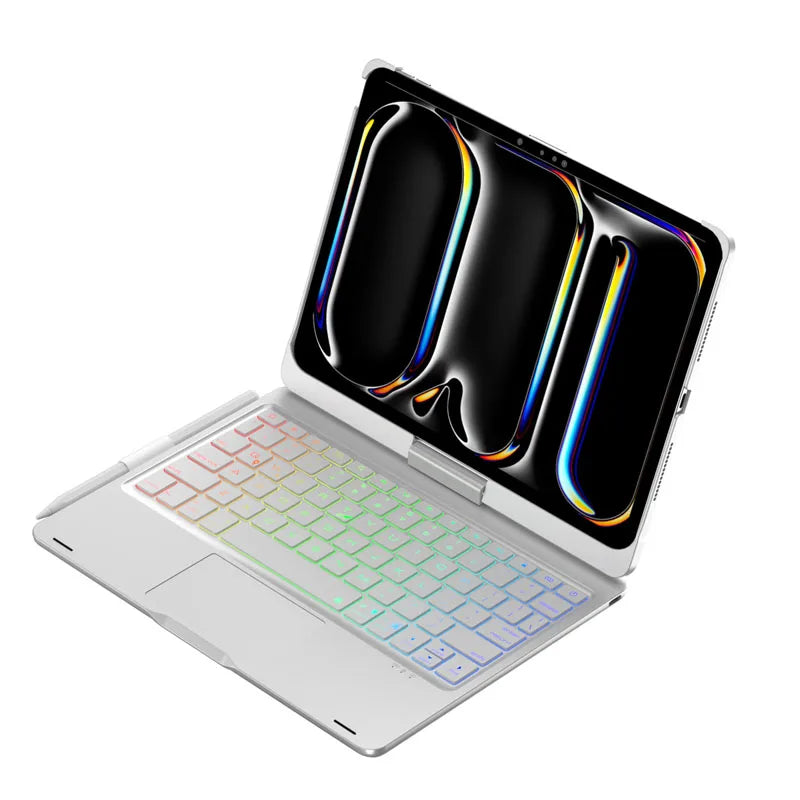 A white convertible keyboard case for an iPad is shown open, displaying a black screen with colorful light effects.