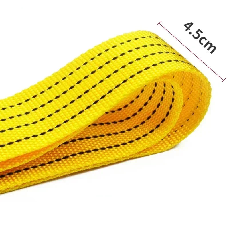 Yellow heavy duty car tow rope with safety hooks, measuring 4.5cm long.