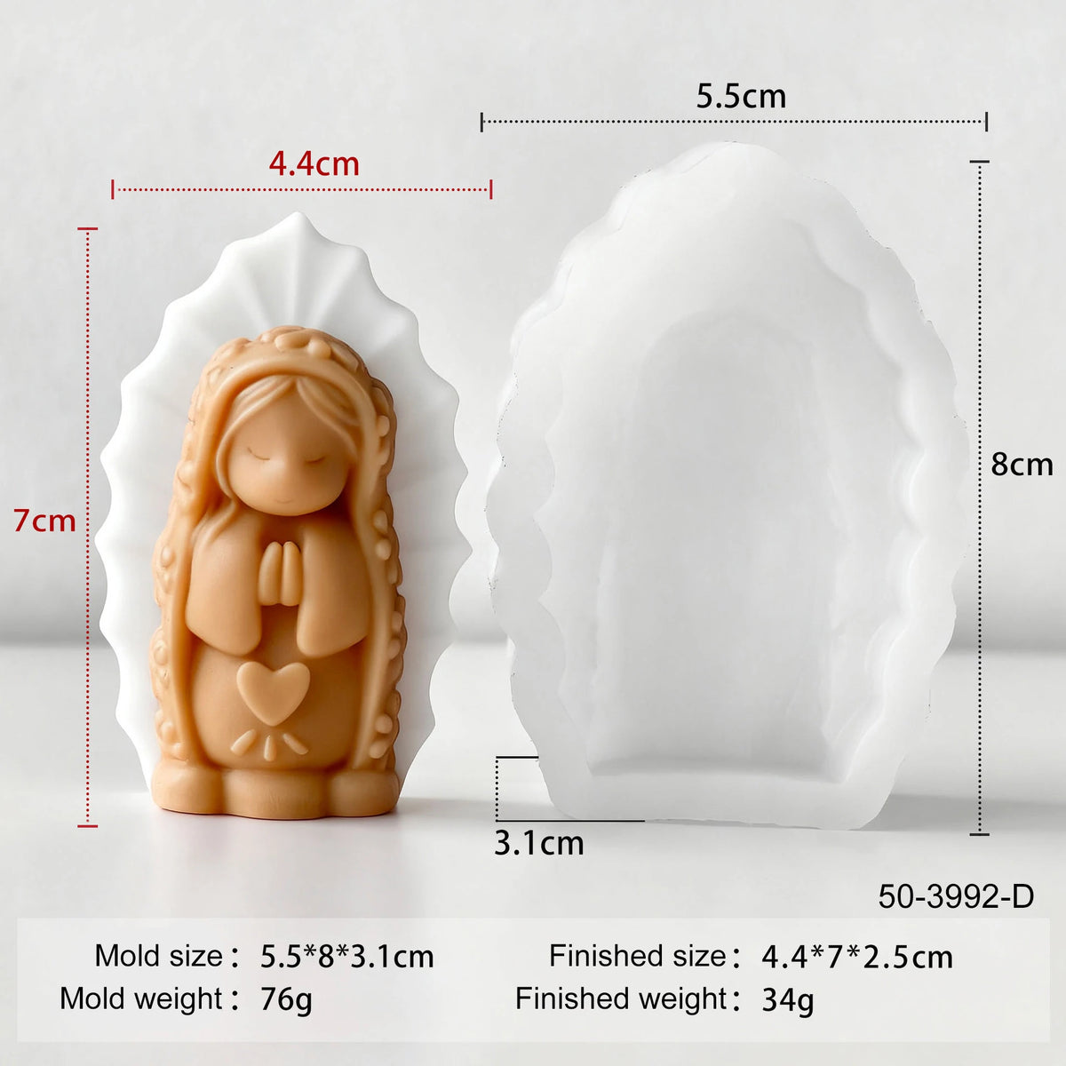 A silicone mold of a praying girl is shown next to its finished product, demonstrating the size and detail.