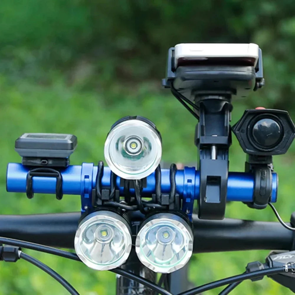 A bicycle handlebar extender mount with multiple LED lights attached for bicycle lighting.