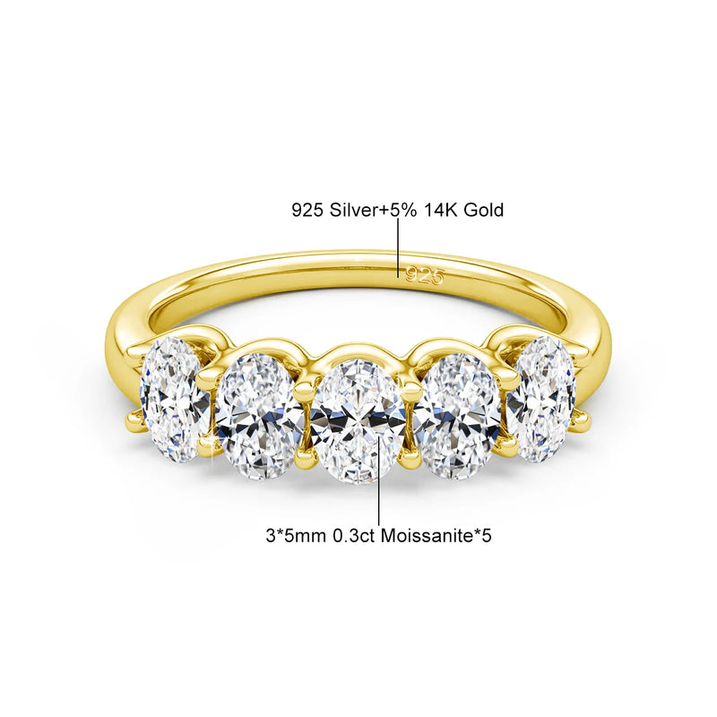Oval Moissanite Five-Stone Ring in Solid 14K Yellow Gold