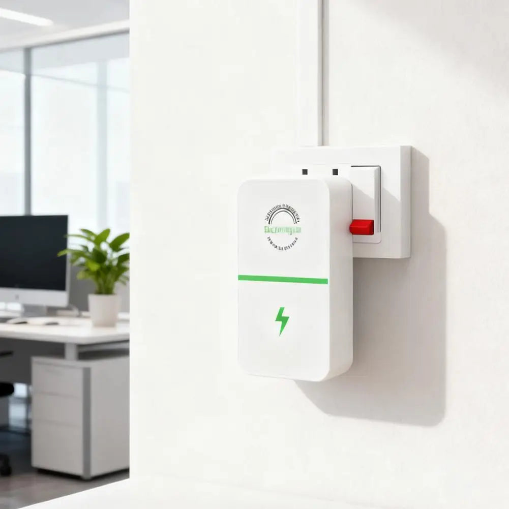 A white voltage stabilizer and energy saver plug mounted on a white wall.