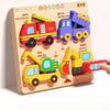 A wooden jigsaw puzzle featuring three colorful toy vehicles: a red fire truck, a purple dump truck, and a yellow constructio