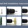 Instructions for hand drill installation showing various components and assembly steps.