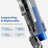A close-up view of a gray and blue Wuben X4 compact flashlight with an illuminated side light and battery components.